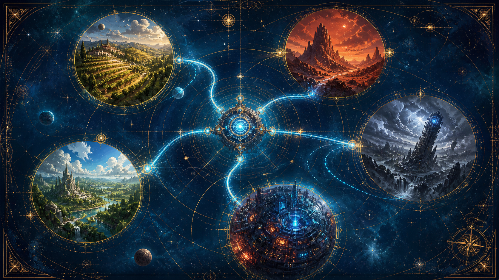 Illustrated star chart of the worlds beyond the gateway